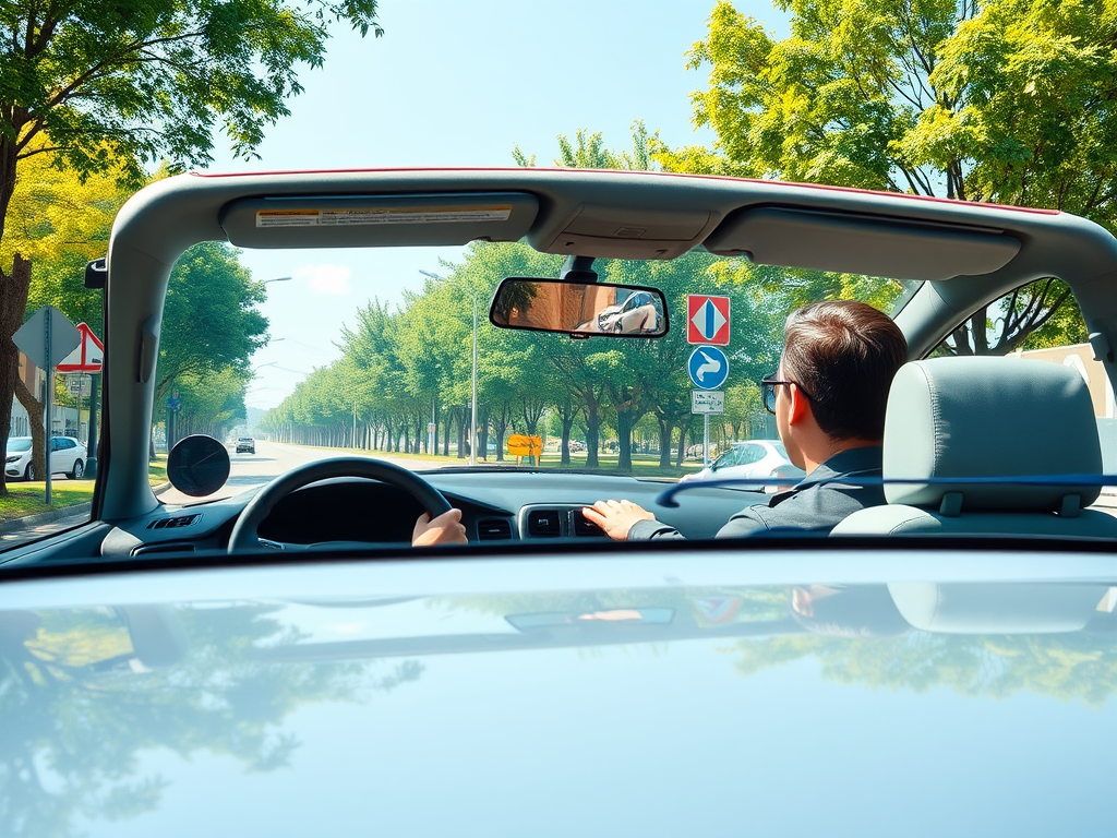 Student achter het stuur in een zonnige stedelijke omgeving.