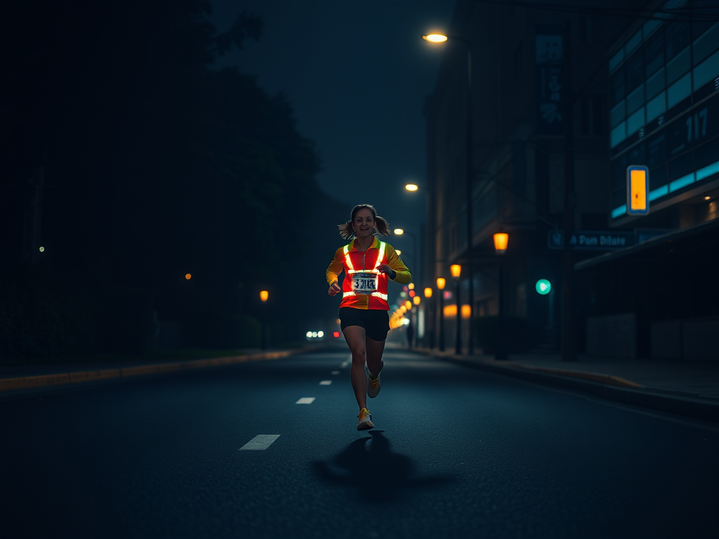 Een hardloper in reflecterende kleding op een donkere straat.