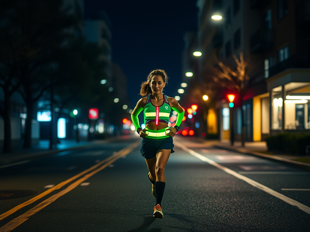 Een nachtelijke hardloper in reflecterende kleding op straat.