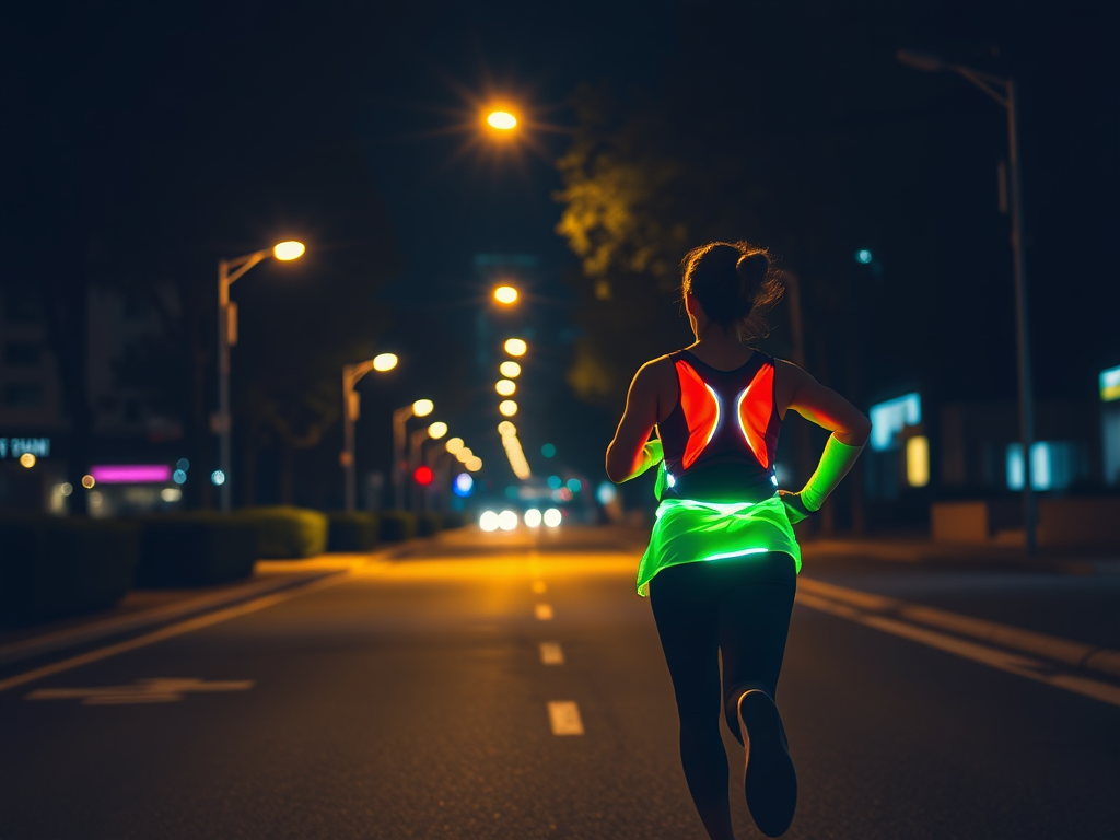 Een hardloper in reflecterende kleding op een donkere straat.