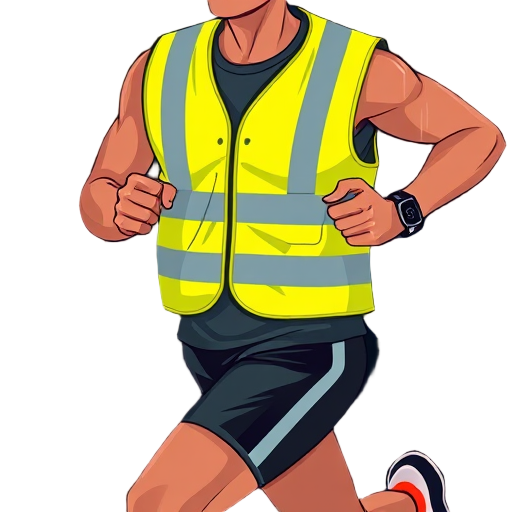 "bright yellow vest" "glowing LED strips" "runner silhouette" "nighttime setting" "rain droplets" "USB charging port"