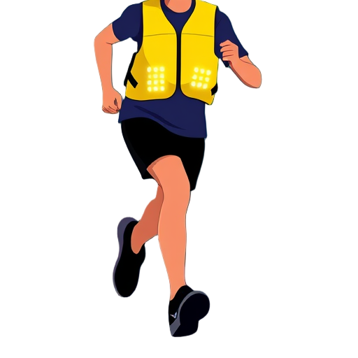 "yellow vest" "glowing LEDs" "runner silhouette" "night scene" "rain droplets" "USB charger"