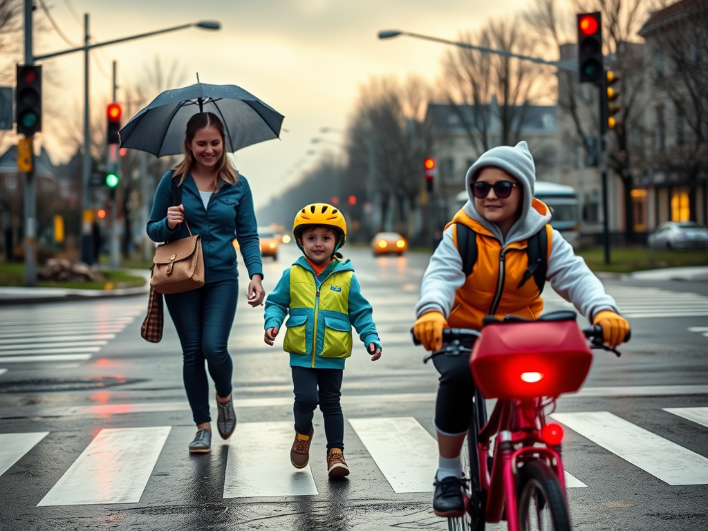 "A child walking safely to school" "wearing bright clothing and helmet" "holding a parent's hand" "crossing a zebra crossing with traffic lights" "rainy weather with umbrella" "snow-covered street" "sunny day with sunglasses and hat" "bicycle with lights 