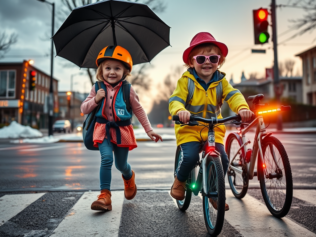 "A child walking safely to school" "wearing bright clothing and helmet" "holding a parent's hand" "crossing a zebra crossing with traffic lights" "rainy weather with umbrella" "snow-covered street" "sunny day with sunglasses and hat" "bicycle with lights 