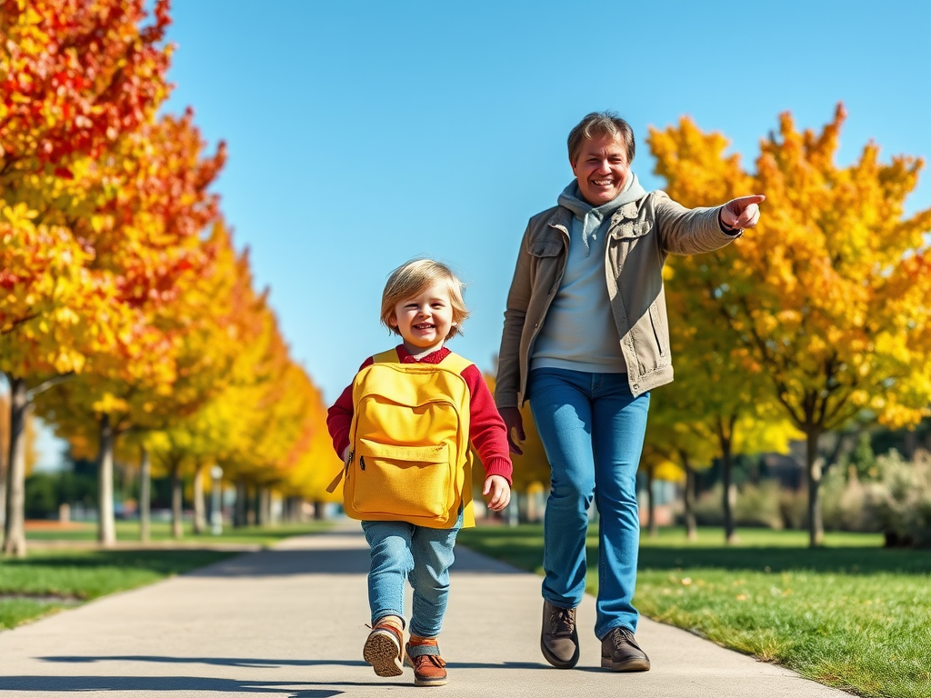 "a happy child wearing a bright yellow backpack" walking safely on a "sidewalk lined with colorful autumn trees" while "a smiling parent points ahead" under a clear blue sky.