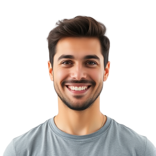 A person smiling to the camera with a white background looking like