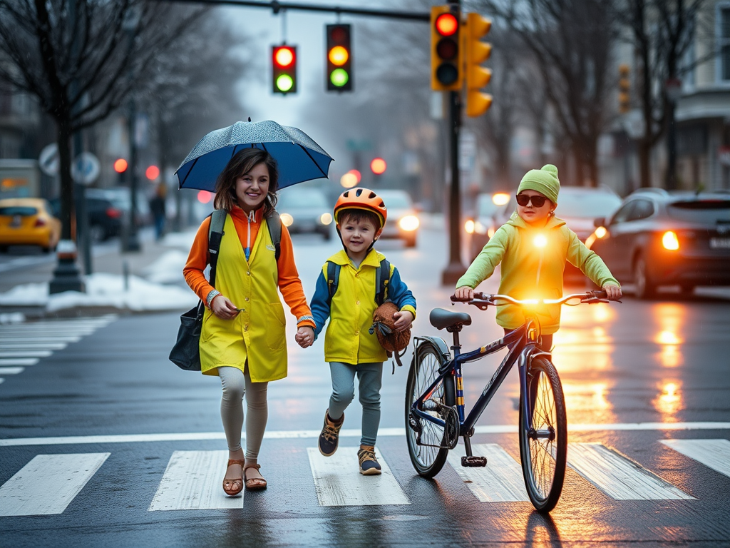 "A child walking safely to school" "wearing bright clothing and helmet" "holding a parent's hand" "crossing a zebra crossing with traffic lights" "rainy weather with umbrella" "snow-covered street" "sunny day with sunglasses and hat" "bicycle with lights 