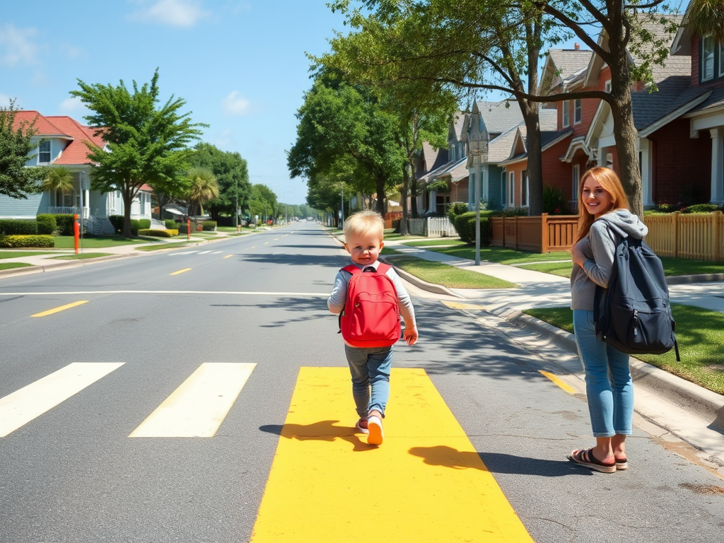 “young child with backpack” “walking on a safe, brightly marked crosswalk” “smiling adult nearby watching protectively” “sunny suburban street with clear sidewalks” “green trees and colorful houses in background”