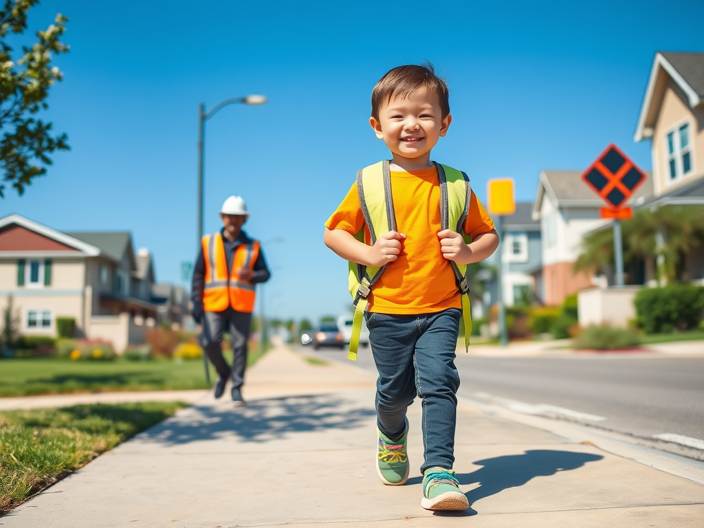 "a cheerful child wearing a backpack" walking "safely on a bright suburban sidewalk" with "colorful safety gear and a friendly crossing guard" under "a sunny blue sky."