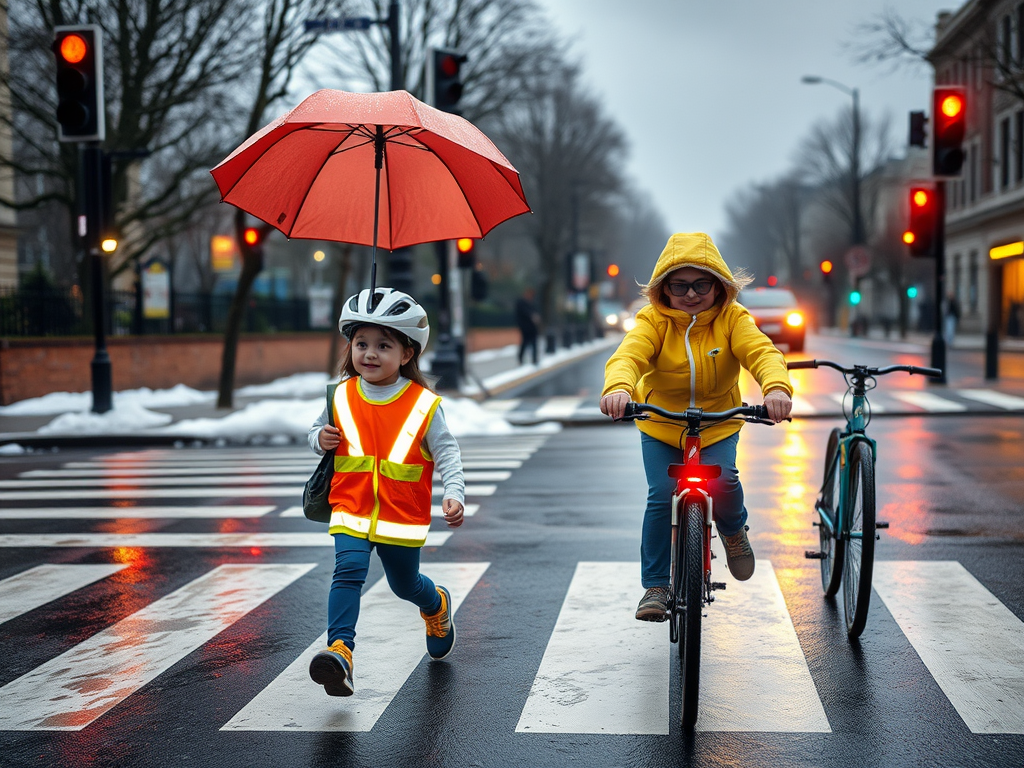 "A child walking safely to school" "wearing bright clothing and helmet" "holding a parent's hand" "crossing a zebra crossing with traffic lights" "rainy weather with umbrella" "snow-covered street" "sunny day with sunglasses and hat" "bicycle with lights 