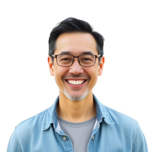 A smiling parent with a confident expression, white background, "outdoor casual clothes," "soft natural lighting," "warm and reassuring atmosphere."