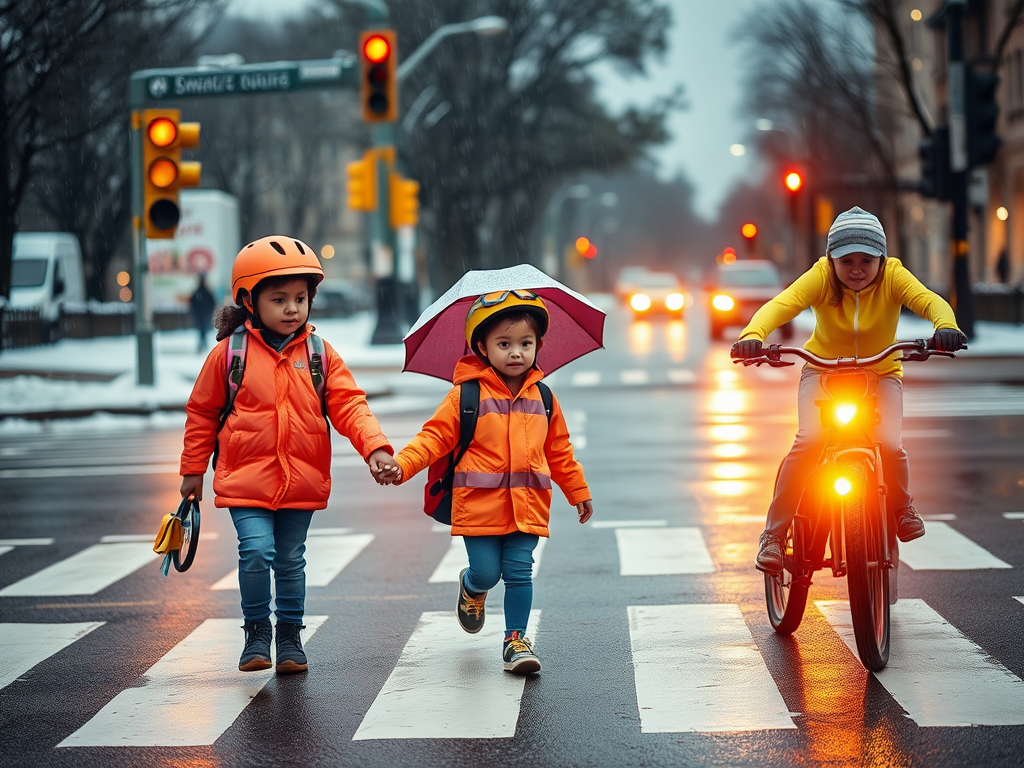 "A child walking safely to school" "wearing bright clothing and helmet" "holding a parent's hand" "crossing a zebra crossing with traffic lights" "rainy weather with umbrella" "snow-covered street" "sunny day with sunglasses and hat" "bicycle with lights 