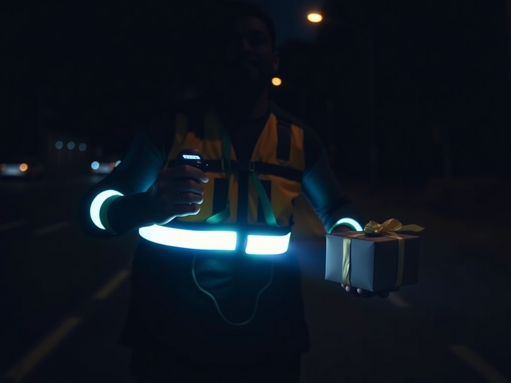"A dynamic night-run scene with a bright LED vest, reflective armbands, a compact headlamp, and a subtle, mysterious gift box evoking surprise, all glowing softly against a dark urban path."