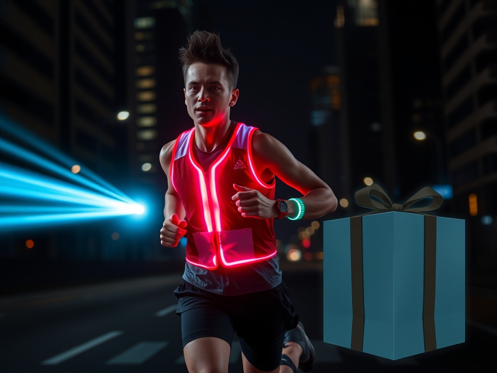 "A dynamic night-run scene featuring a runner in a neon-lit LED vest, plus a glowing armband, headlamp beam, and a mystery gift box; dark city backdrop."