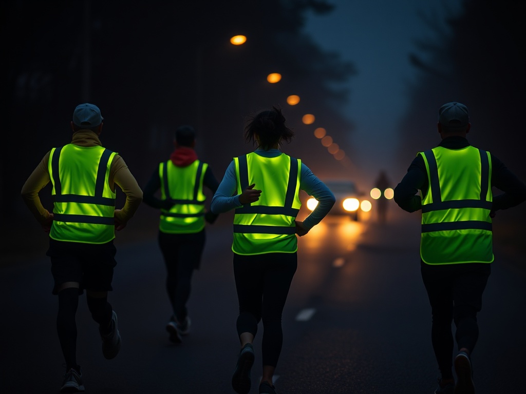 "Three runners in a dark street at dusk, wearing bright yellow reflective LED vests, led lights glowing, safe professional group formation, comfortable fit, distant car headlights, night mist." "Focus on visibility and comfort, cinematic lighting, high de