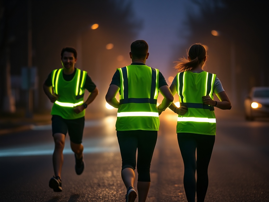 "Three runners in a dark street at dusk, wearing bright yellow reflective LED vests, led lights glowing, safe professional group formation, comfortable fit, distant car headlights, night mist." "Focus on visibility and comfort, cinematic lighting, high de
