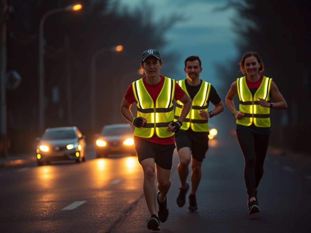 "Three runners in a dark street at dusk, wearing bright yellow reflective LED vests, led lights glowing, safe professional group formation, comfortable fit, distant car headlights, night mist." "Focus on visibility and comfort, cinematic lighting, high de
