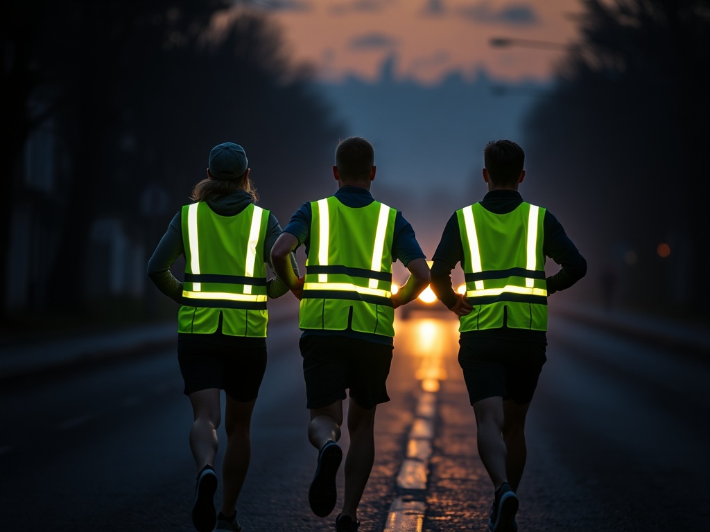 "Three runners in a dark street at dusk, wearing bright yellow reflective LED vests, led lights glowing, safe professional group formation, comfortable fit, distant car headlights, night mist." "Focus on visibility and comfort, cinematic lighting, high de
