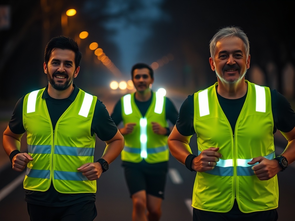 "Three runners in a dark street at dusk, wearing bright yellow reflective LED vests, led lights glowing, safe professional group formation, comfortable fit, distant car headlights, night mist." "Focus on visibility and comfort, cinematic lighting, high de
