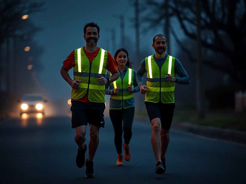 "Three runners in a dark street at dusk, wearing bright yellow reflective LED vests, led lights glowing, safe professional group formation, comfortable fit, distant car headlights, night mist." "Focus on visibility and comfort, cinematic lighting, high de