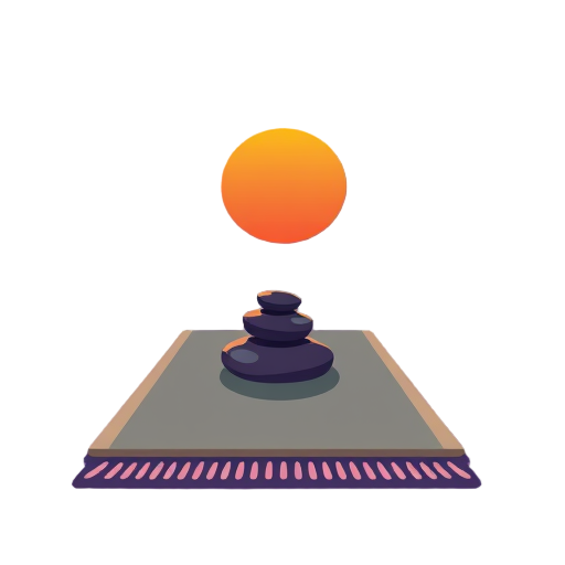 Yoga mat met stapel zenstenen en een opkomende zon.
