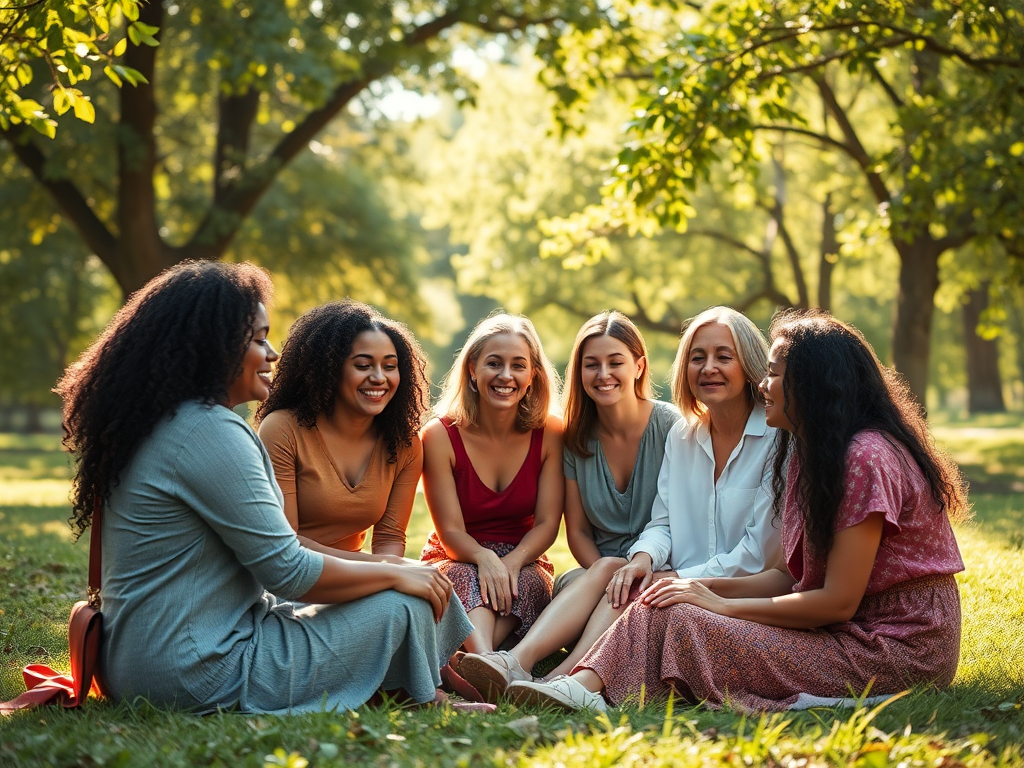 A serene, warm circle of diverse women sitting together in nature, soft sunlight filtering through lush trees, peaceful expressions, gentle connection, embracing self-love and growth.