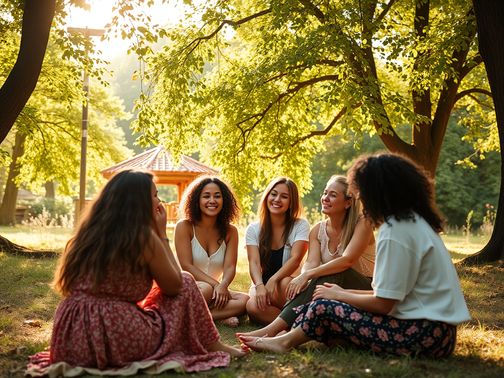 A serene, warm circle of diverse women sitting together in nature, soft sunlight filtering through lush trees, peaceful expressions, gentle connection, embracing self-love and growth.