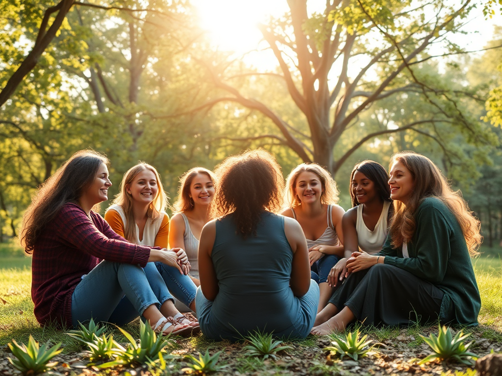 A serene, warm circle of diverse women sitting together in nature, soft sunlight filtering through lush trees, peaceful expressions, gentle connection, embracing self-love and growth.
