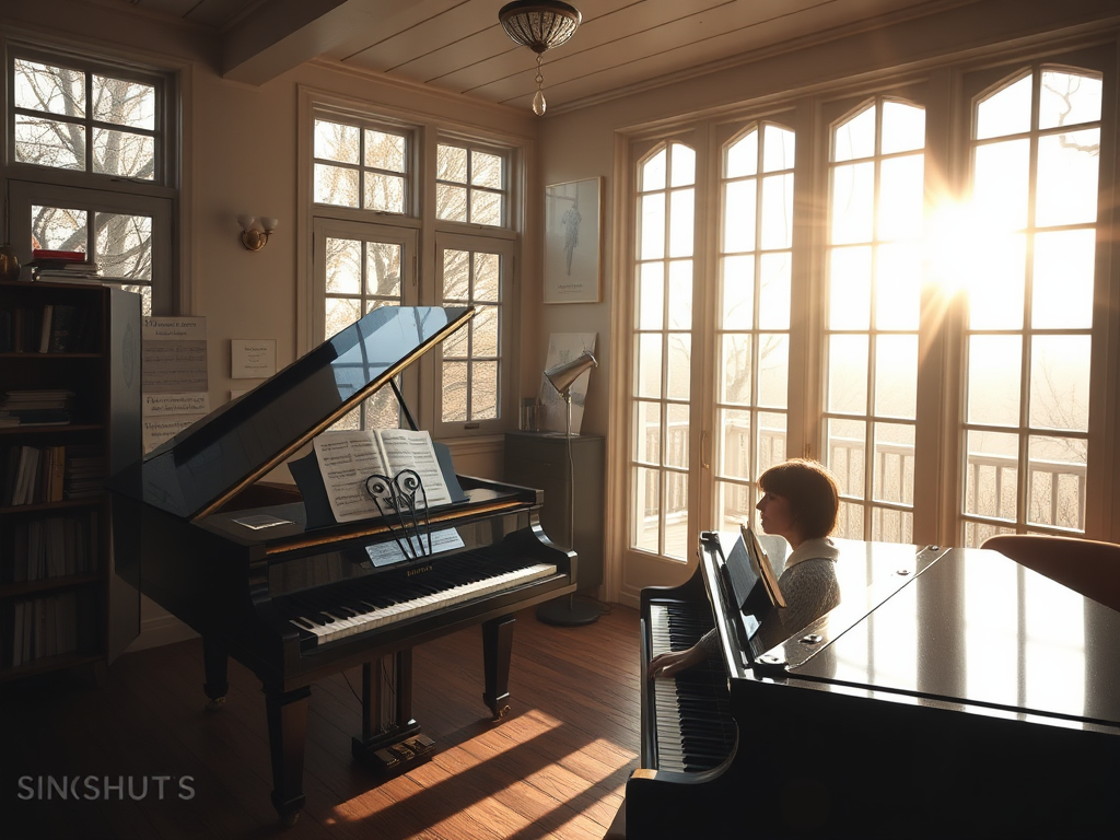 Een gezellige pianostudio met een persoon die speelt.