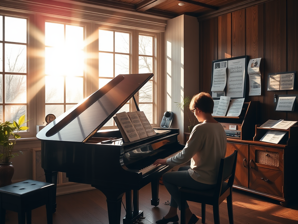 Een persoon speelt passievol piano in een zonnige studio.