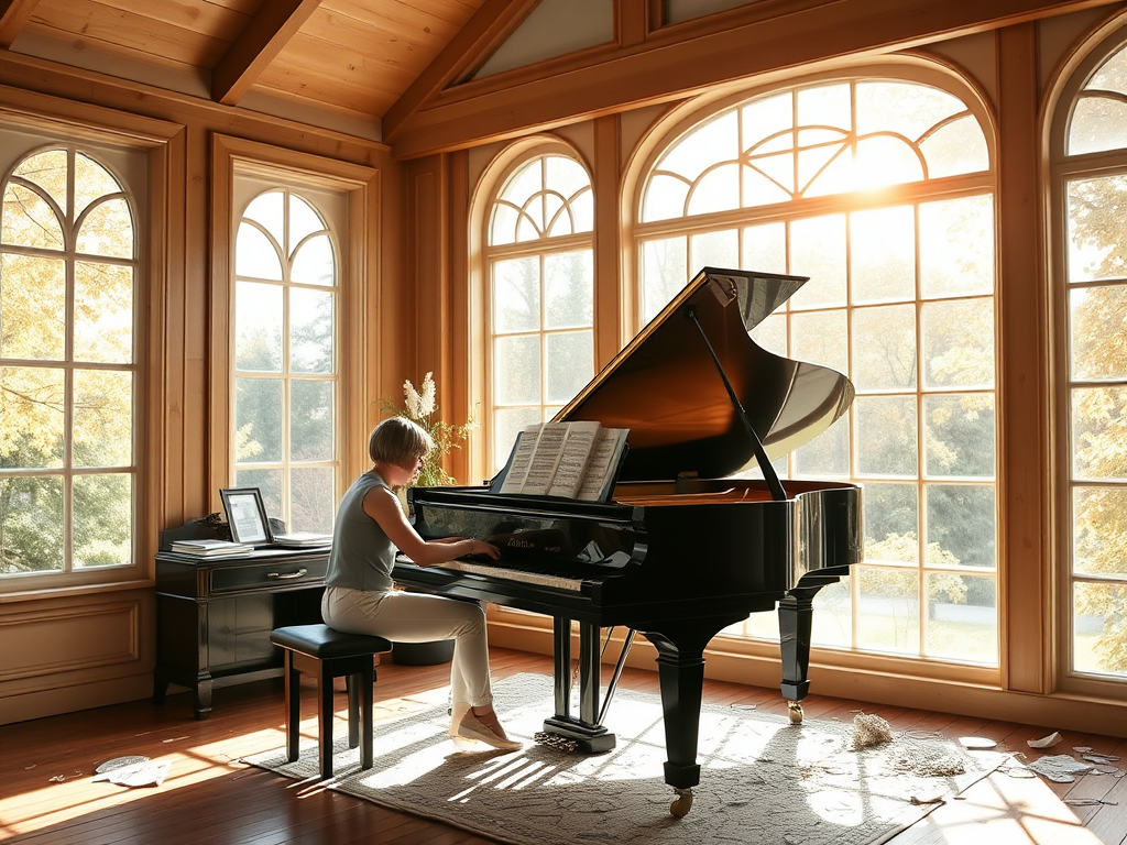 Een persoon speelt gepassioneerd op een vleugel in een zonnige studio.