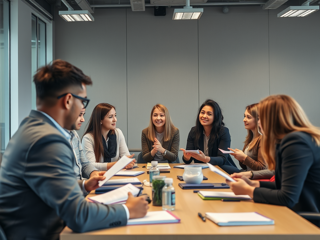 Een diverse groep professionals in een moderne vergaderzaal.