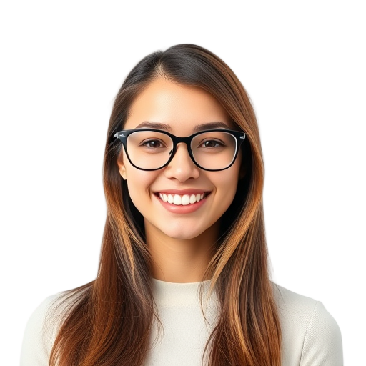 Een persoon met een brede glimlach voor een witte achtergrond.