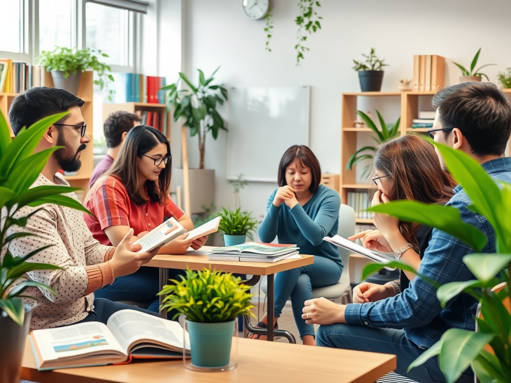 Een serene klaslokaal met een diverse groep volwassenen in gesprek.