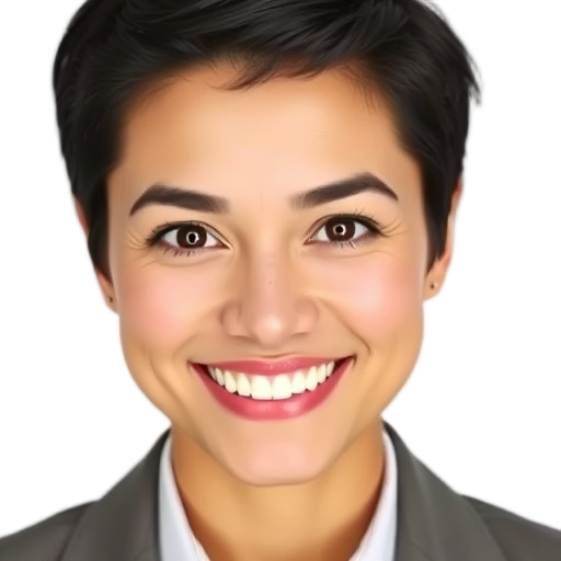 Een persoon glimlachend naar de camera met een witte achtergrond.