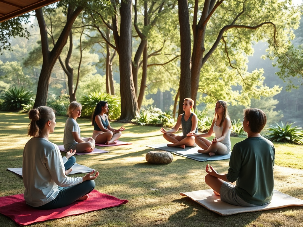 Een rustige workshopsetting met mensen die mediteren in de natuur.