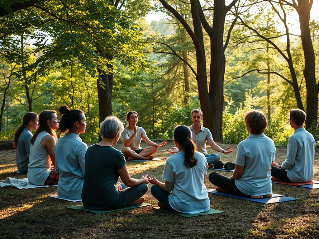 Een groep mensen mediteert in een serene natuuromgeving.