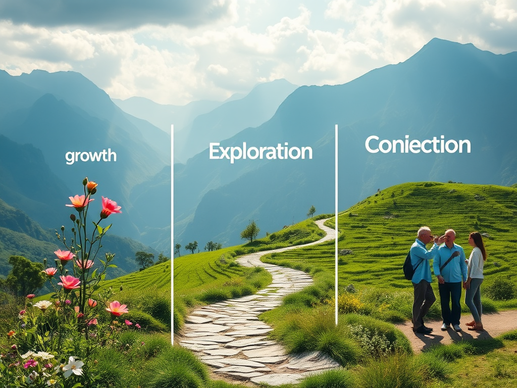 Een serene landschap met drie zones: Groei, Verkenning, Verbinding.