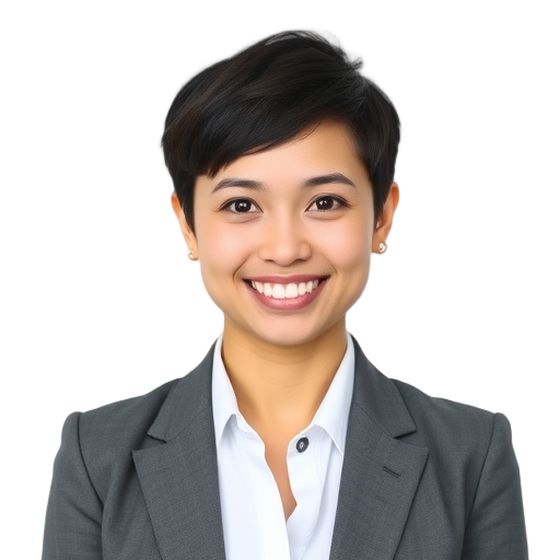 Een persoon met een glimlach voor een witte achtergrond.