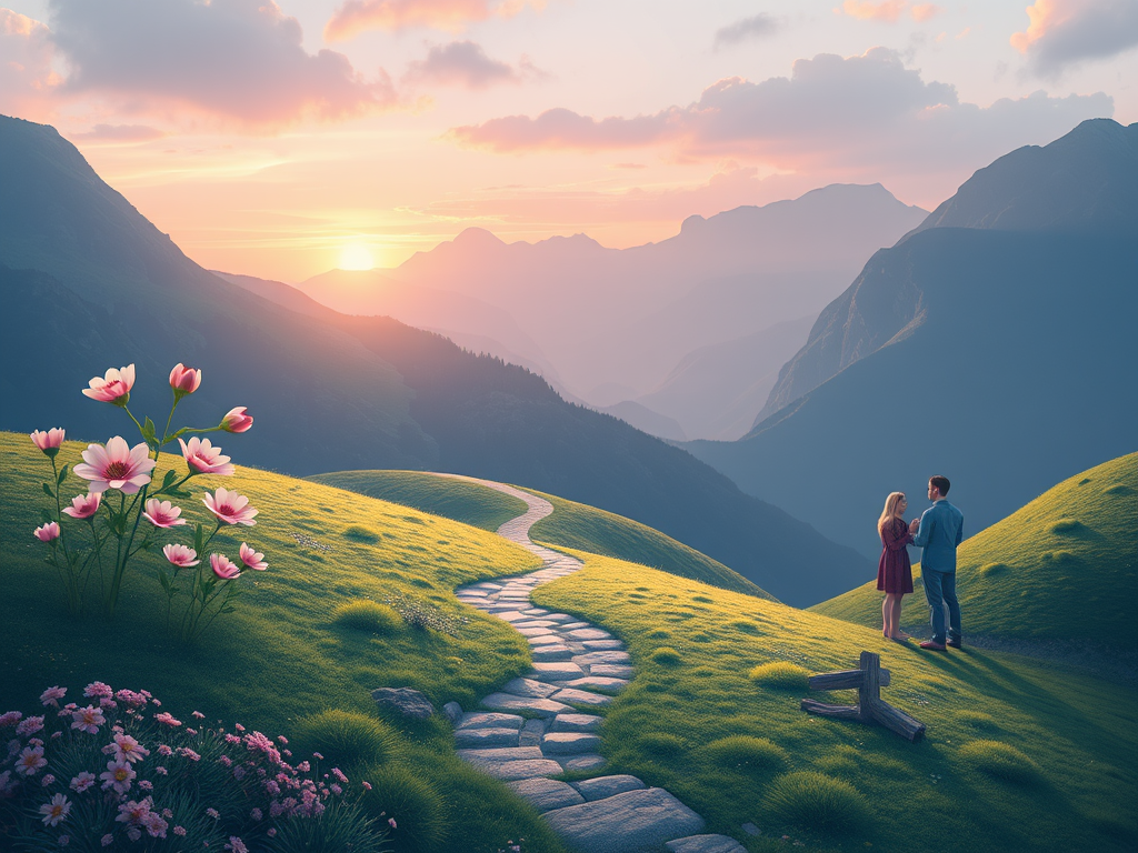 Een stel staat hand in hand in een berglandschap.