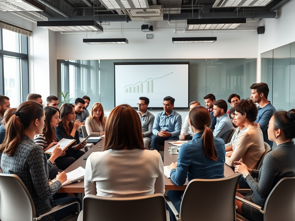 Een diverse groep professionals in een moderne trainingsruimte.