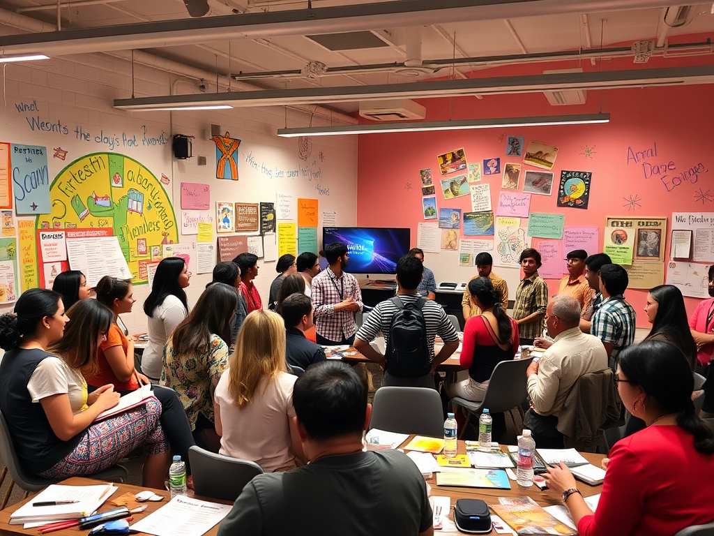 Een levendige workshop met een diverse groep mensen.