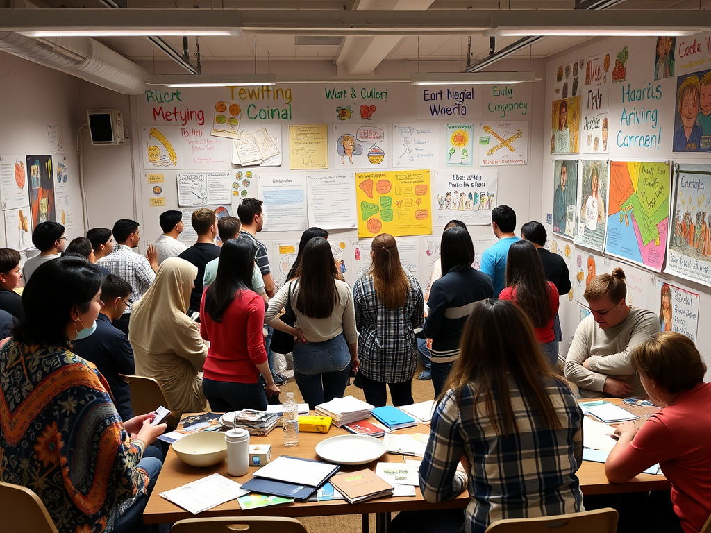 Een kleurrijke workshop met een diverse groep mensen.