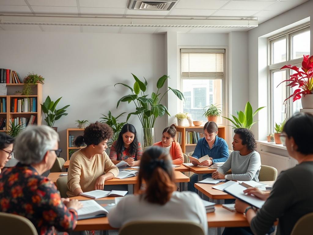 Een rustige klas met een diverse groep volwassenen die discussiëren.