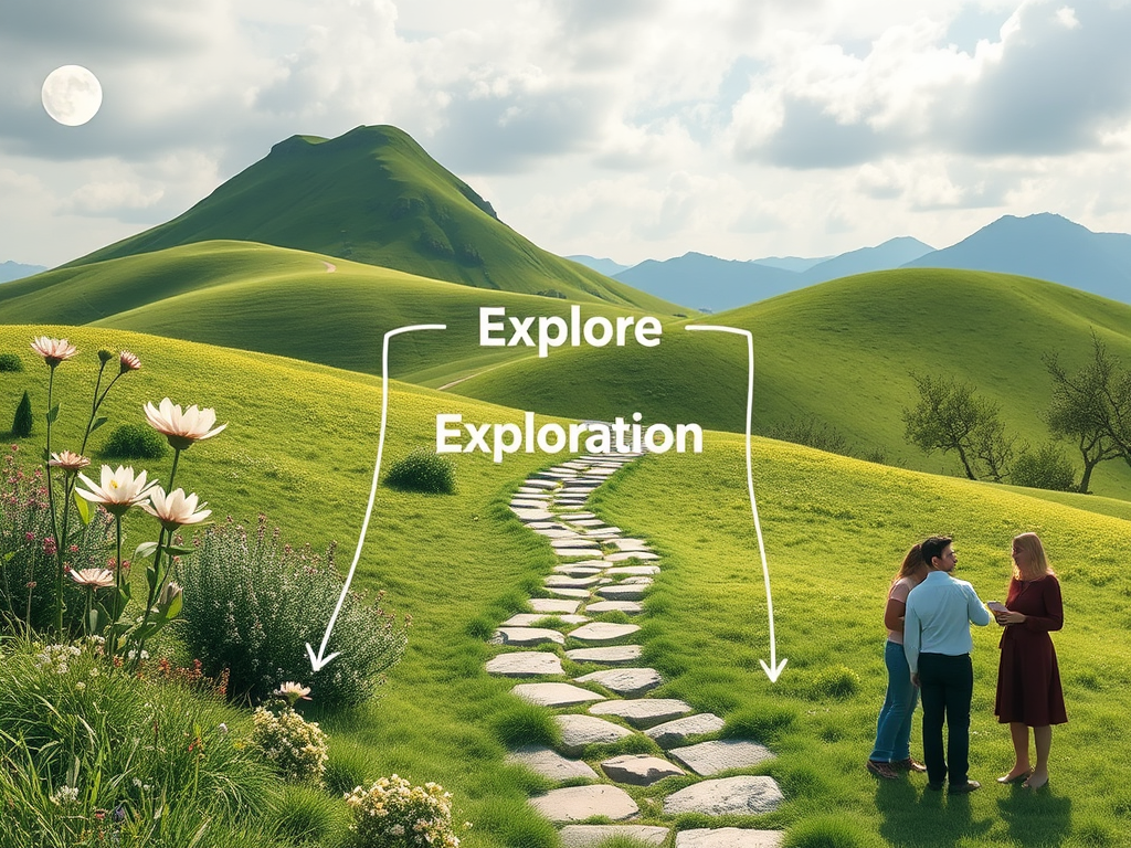 Een serene landschap met een pad en mensen.