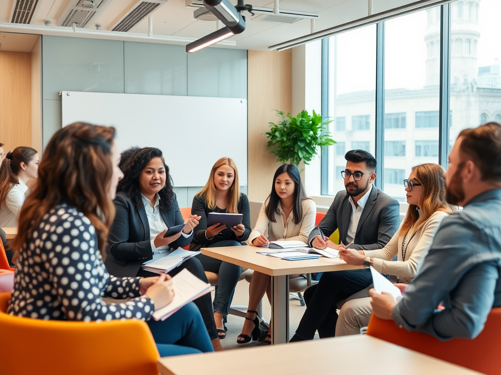 Een diverse groep professionals in een moderne trainingsruimte.