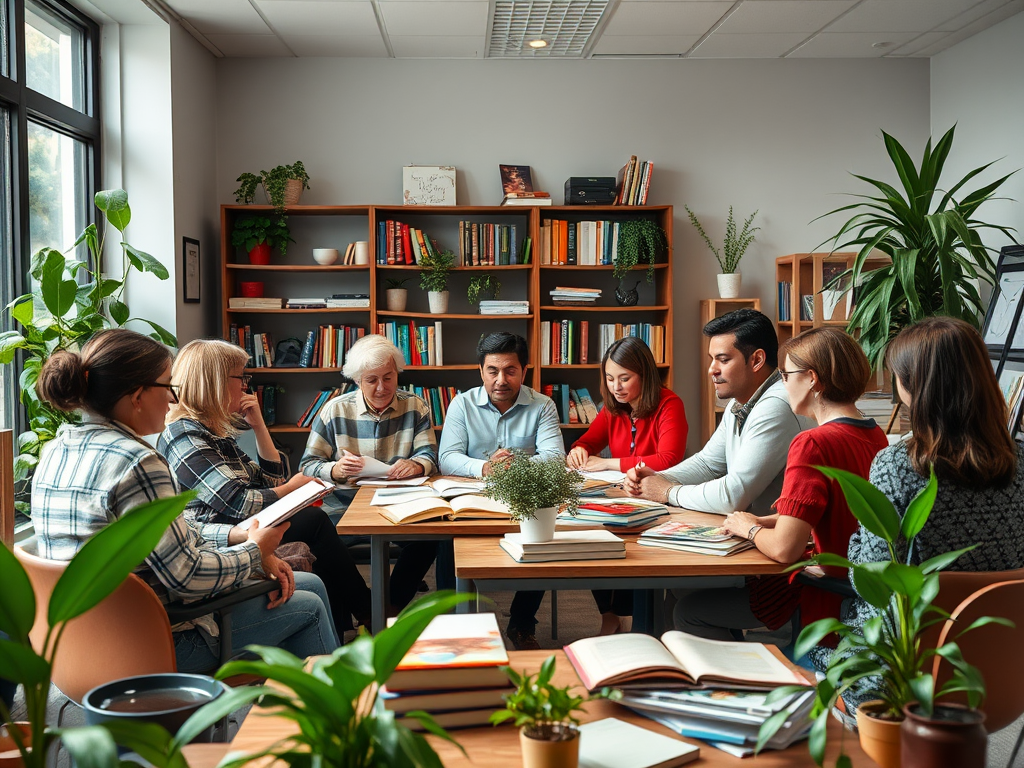 Een rustige klaslokaal met volwassenen in discussie, omringd door planten.