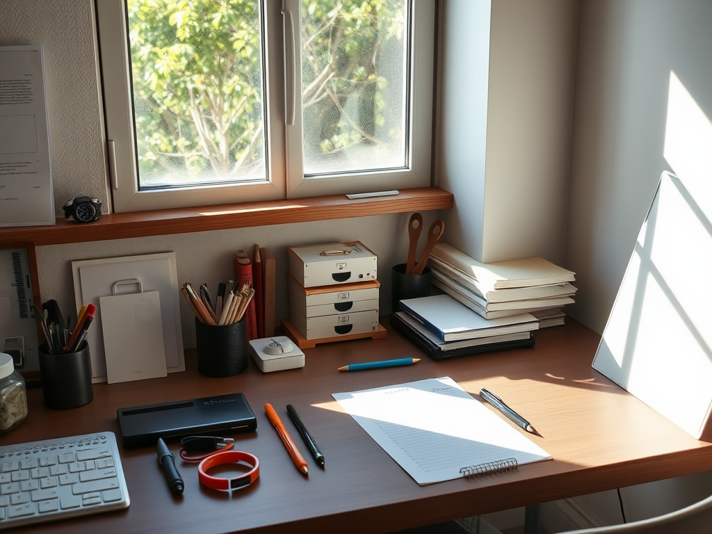 Een opgeruimde werkplek met een bureau en zonlicht.