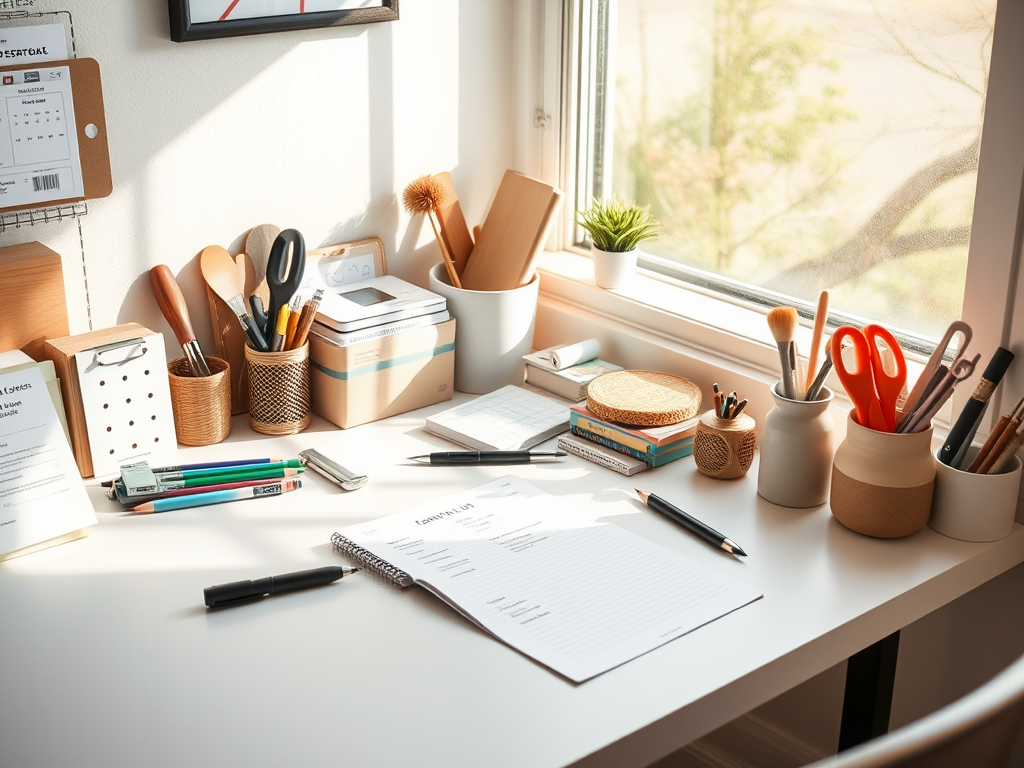 Een serene werkplek met een opgeruimde bureau en zonlicht.