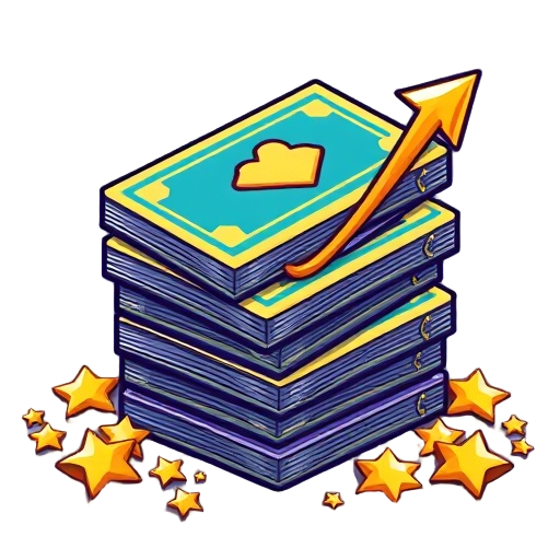 "stacked trading cards" "shiny rare card" "golden upward arrow" "confident investor" "sparkling stars"
